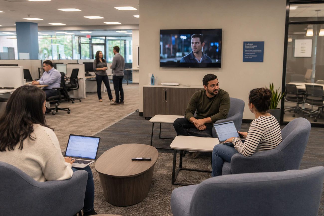 Employees relaxing in a corporate office lounge with television entertainment.